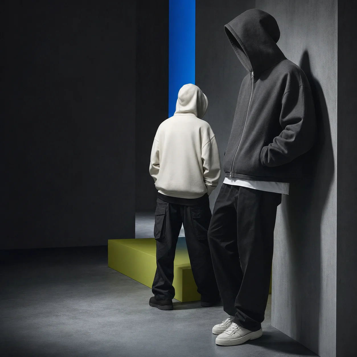 AI-generated editorial scene representing pullover and zip-up hoodies